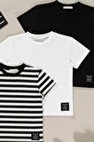 3'lü Etiket Detaylı Siyah Beyaz Çizgili Erkek Çocuk Tshirt