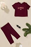 3'lü Los Angeles Baskılı Tshirt Atlet Tayt Bordo Takım