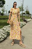 Doğal Viskon Kol Gipeli Yırtmaçlı Desenli Uzun Sarı Elbise