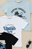 3'lü Safari Baskılı Siyah Beyaz Mavi Tshirt
