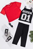 3'lü Queen Baskılı Tshirt Atlet Tayt Siyah Takım
