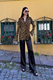 3'lü Saten Leopar Desenli Bustiyer Pantolon Siyah Takım
