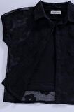 3'lü Çiçek Brodeli Siyah Gömlek Tshirt Pantolon Takım