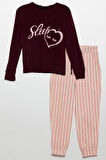 Sleep Kalp Baskılı Doğal Viskon Bordo Pijama Takımı