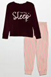Sleep Baskılı Doğal Viskon Bordo Pijama Takımı