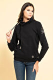 Yaka Kordon Detaylı Kanguru Cep Siyah Sweatshirt
