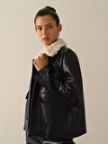 Xint Siyah Deri Görünümlü Oversize Ceket