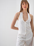 female Beyaz Regular Fit Keten Yelek