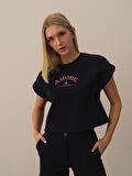 Xint Lacivert Pamuk Dokulu Oversize Sweatshirt