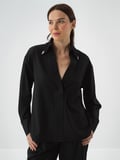 Xint Siyah Esnek Dokulu Oversize Bluz