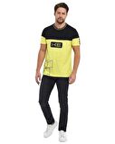 Siyah Sarı Renk Baskılı Erkek Kısa Kol Bisiklet Yaka T-shirt
