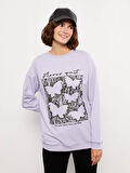 LCW Vision Lila Bisiklet Yaka Baskılı Uzun Kollu Kadın Sweatshirt