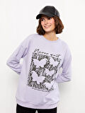 LCW Vision Lila Bisiklet Yaka Baskılı Uzun Kollu Kadın Sweatshirt