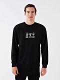 XSIDE Siyah Bisiklet Yaka Uzun Kollu Baskılı Erkek Sweatshirt