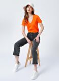 Fabrika Teyo V Yaka Basic Düz Turuncu Kadın T-Shirt