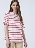 Fabrika Bisiklet Yaka  Basic  Kırmızı - Beyaz Kadın T-Shirt  -  K-MELISSA