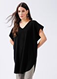 Fabrika Comfort V Yaka Geniş Fit Düz Siyah Kazak Kadın CM-TUIN