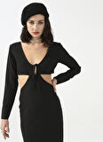 Fabrika V Yaka Düz Siyah Midi Kadın Elbise CHR-5