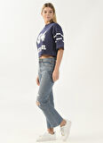 Denim Trip Bisiklet Yaka Baskılı Lacivert Kadın Sweatshırt DT10055-1 LACİVERT