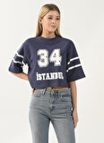 Denim Trip Bisiklet Yaka Baskılı Lacivert Kadın Sweatshırt DT10055-1 LACİVERT