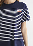 Fabrika Bisiklet Yaka Çizgili Lacivert - Beyaz Kadın T-Shirt BORI