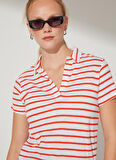 Fabrika Bisiklet Yaka Çizgili Beyaz - Kırmızı Kadın T-Shirt DEREK