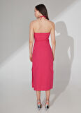 Fabrika V Yaka Düz Fuşya Midi Kadın Elbise ESTO