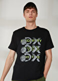 Siyah Erkek Bisiklet Yaka Kısa Kollu Relaxed Baskılı T-Shirt ROTAN