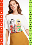 Fabrika Bisiklet Yaka Baskılı Kırık Beyaz Kadın T-Shirt F3WL-TST5