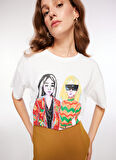 Fabrika Bisiklet Yaka Baskılı Kırık Beyaz Kadın T-Shirt F3WL-TST5
