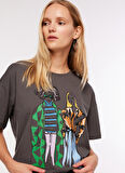 Fabrika Bisiklet Yaka Baskılı Antrasit Kadın T-Shirt F3WL-TST8