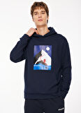 Lacivert Erkek Kapüşonlu Loose Fit Baskılı Sweatshirt D3WM-SWT35