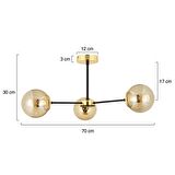Nide  3Lü Siyah Gold Bal Camlı Modern Genç Odası Yatak Odası Retro Salon Avize 