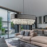 Massello Dikdörtgen Sıralı Krom Kaplamalı Kristalli Taşlı Modern Tasarım Kristal Salon Avize
