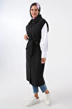 Siyah-Oversize Çıtçıtlı Dikey Çizgi Uzun Kapitone Yelek