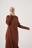Açık Kahve-Degaje Yaka Kapüşonlu Elbise