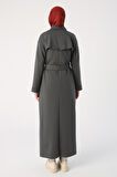 Antrasit01-Kuşaklı Rüzgarlıklı Düğmeli Rahat Kalıp Ferace