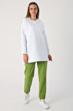 Beyaz-Oversize Neon Detaylı Arkası Baskılı Şardonlu Sweatshirt