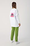 Beyaz-Oversize Neon Detaylı Arkası Baskılı Şardonlu Sweatshirt