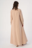 Bej-%100 Pamuk Yarım Patlı Gömlek Yaka Cepli Elbise