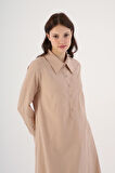 Bej-%100 Pamuk Yarım Patlı Gömlek Yaka Cepli Elbise