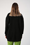 Siyah-Oversize Ekose Aplike Nakışlı Sweatshirt