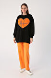 Siyah-Oversize Aplike Nakışlı Sweatshirt
