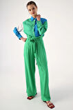 Çimen Yeşili-Beli Lastikli Pileli Bol Paça Viscon Pantolon