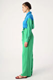 Çimen Yeşili-Beli Lastikli Pileli Bol Paça Viscon Pantolon