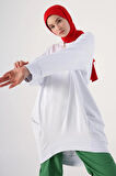 Beyaz-Yanları Pileli Ribanalı Sweat Tunik