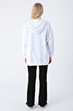 Beyaz-Pamuklu Oversize Kapüşonlu Sweat Hırka