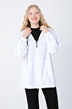 Beyaz-Pamuklu Oversize Kapüşonlu Sweat Hırka