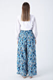 Koyu Mavi-Ekru-Baskılı Paçası Yırtmaçlı Beli Lastikli Wide Leg Viskon Keten Pantolon
