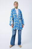 Mavi-Bej-Oversize Kol Yırtmaç Detaylı Kuşaklı Desenli Kimono